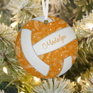 feathers paislies pattern orange white volleyball metal ornament