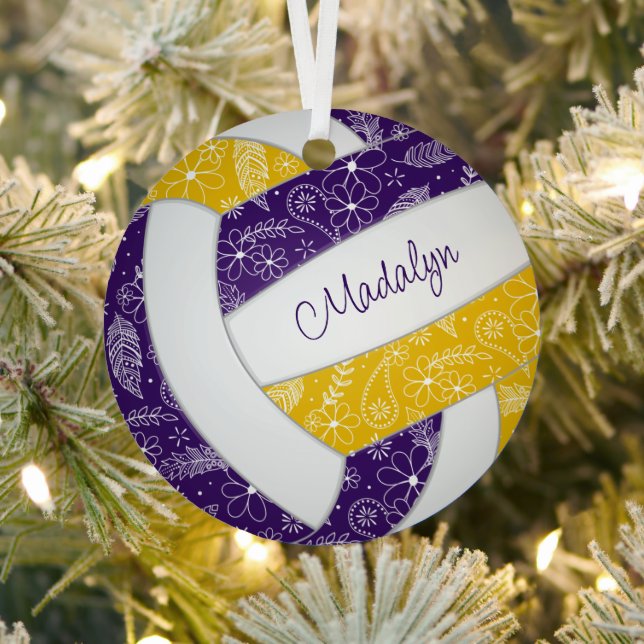 feathers paislies pattern purple gold volleyball metal ornament (Insitu)