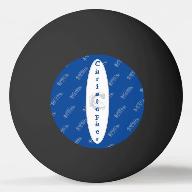 Feathers Pattern Blue Simple Modern Name Monogram Ping Pong Ball (Front)