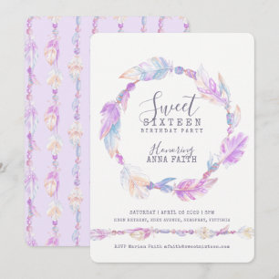 Feathers purple watercolor sweet sixteen invitation