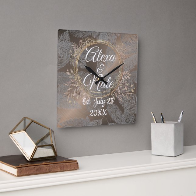 Feathers Rose Blush Floral Wreath Wedding Custom Square Wall Clock (Office)