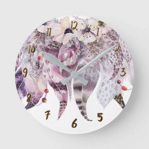 Feathers Rustic Dream Catcher Anemone Floral Round Clock