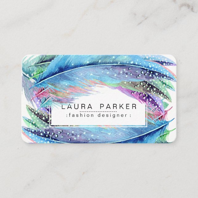 Feathers Watercolor Boho Bird Girly Chic Business Card (Front)