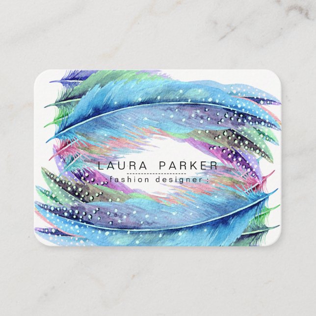 Feathers Watercolor Boho Bird Girly Chic Business Card (Front)