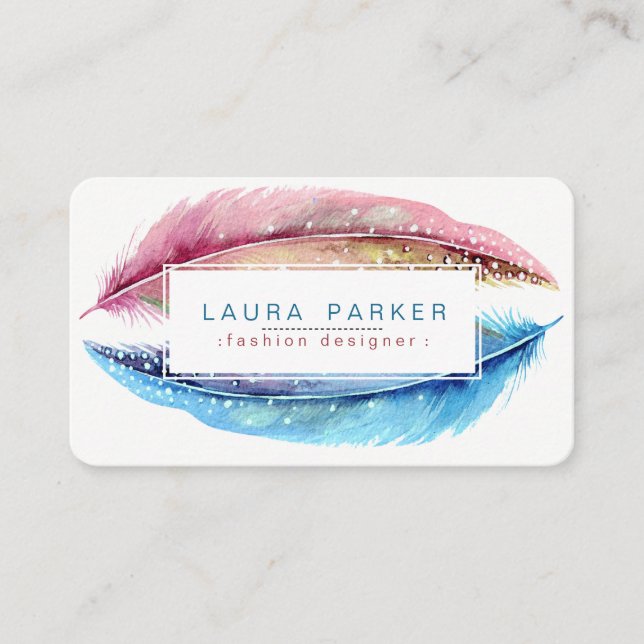Feathers Watercolor Boho Bird Girly Modern Business Card (Front)