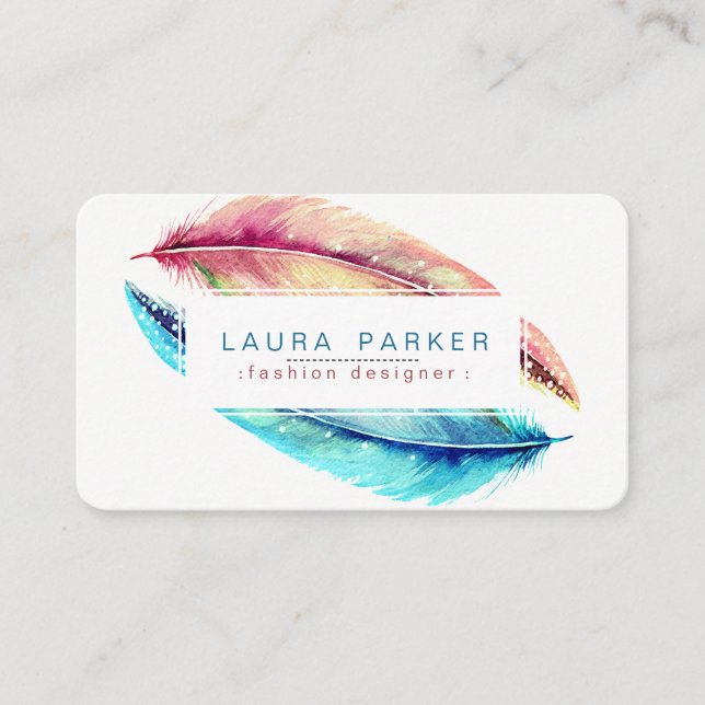 Feathers Watercolor Boho Bird Girly Modern Business Card (Front)