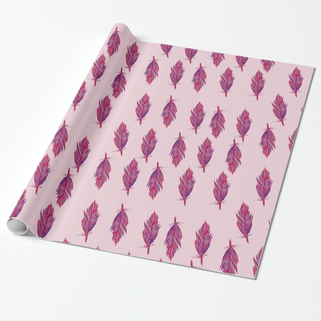 Feathers Watercolor  Red Pink  Wrapping Paper (Unrolled)