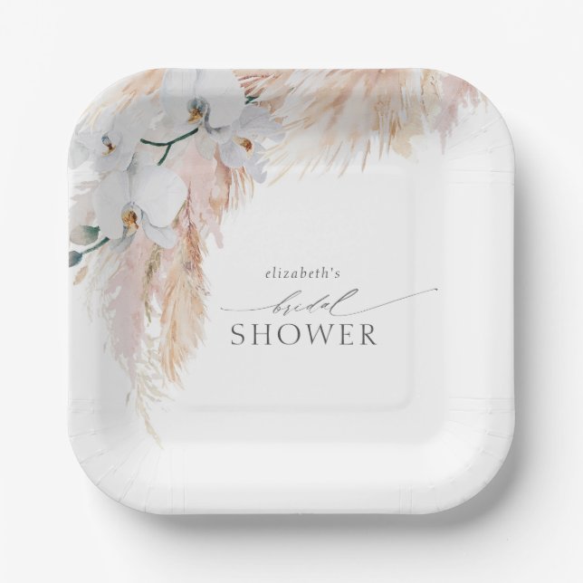 Feathery Pampas Grass White Orchids Bridal Shower Paper Plate (Front)