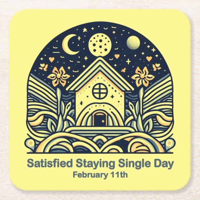 Feb 11th Satisfied Staying Single Day Square Paper Coaster (Front)