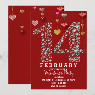 February 14 14TH Red Hearts Valentine's Day Party Invitation