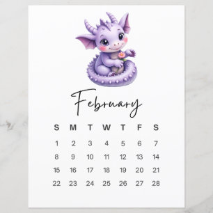 February Baby Dragon Cute Fantasy Monthly Calendar
