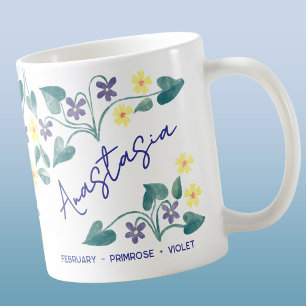 February Birth Flower Custom Name Primrose Violet Coffee Mug