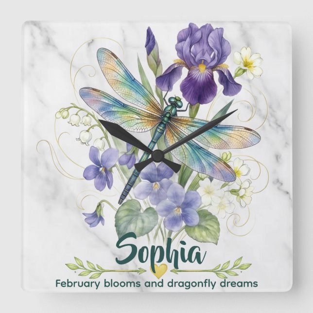February Birth Flower Iris Violet Dragonfly Wall C Square Wall Clock (Front)
