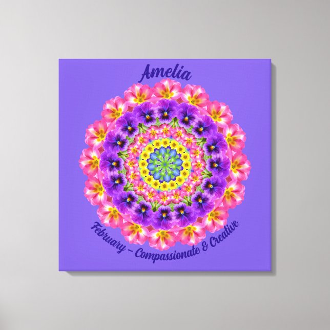 February Birth Flower Personalized Mandala Zen Art Canvas Print (Front)