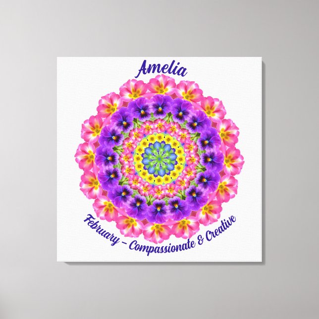 February Birth Flower Personalized Mandala Zen Art Canvas Print (Front)