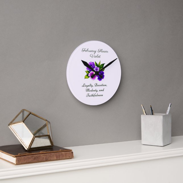 February Birth Month Flower Violet Delicate Floral Round Clock (Office)