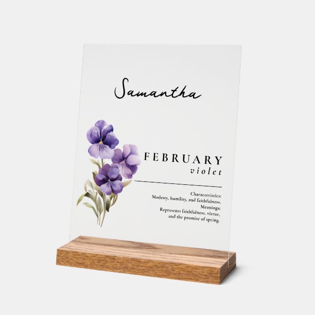 February Birth Month Flower Violet Personalized Acrylic Sign (Angle)