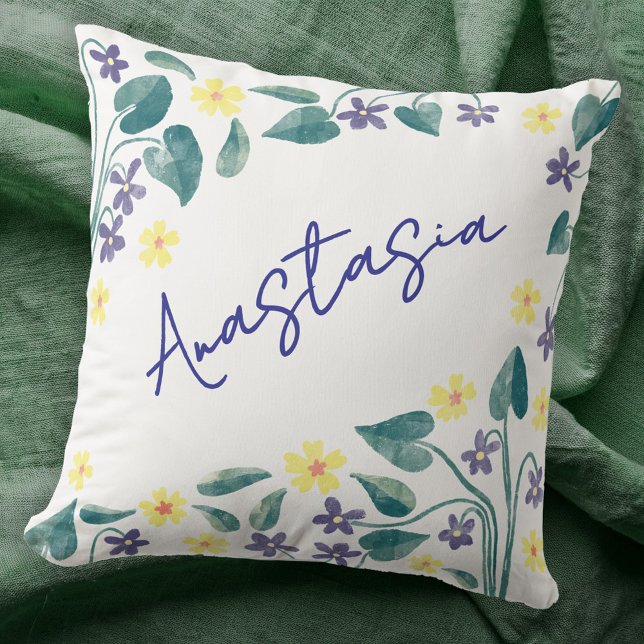 February Birth Month Violet Primrose Personalized Throw Pillow (February birth month flower personalized script name watercolor violet primrose art throw pillow)