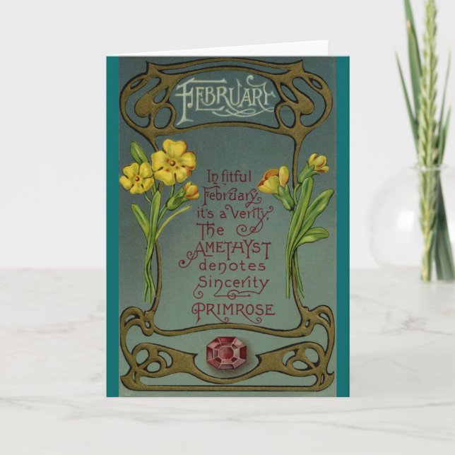 February Birthday Primrose & Amethyst Card (Front)