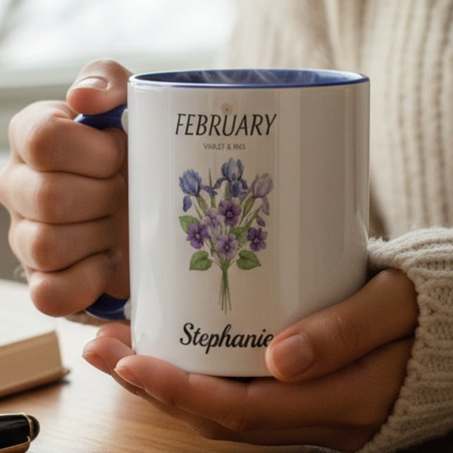 February Birthday Violet Iris Botanical Mug (Personalized February Birthday Violet Iris Botanical Mug )