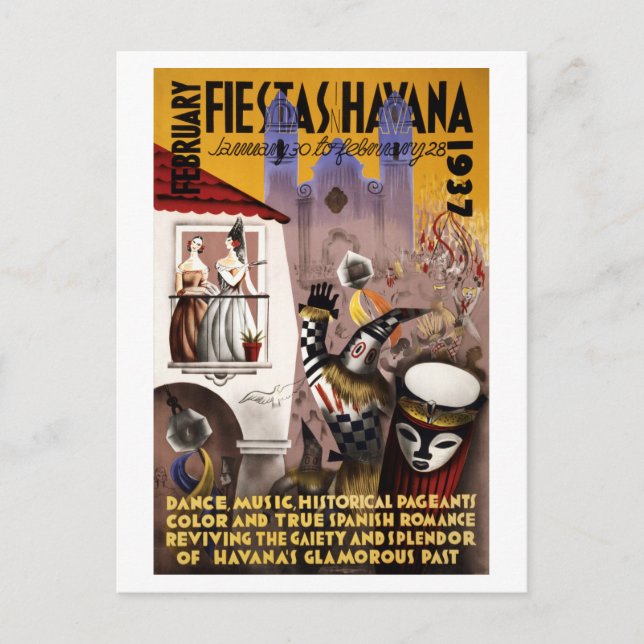 February Fiestas in Havana Vintage Poster Postcard (Front)