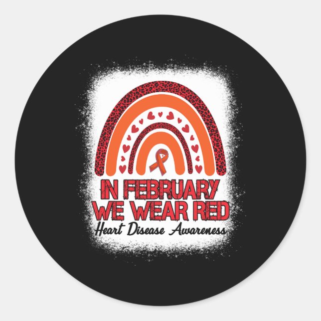 February We Wear Red Leopard Rainbow Bleached Red  Classic Round Sticker (Front)