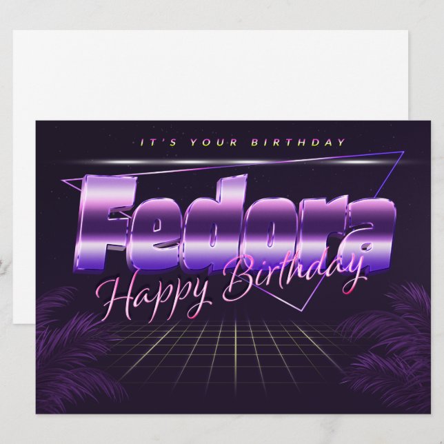 Fedora prénom nom carte rétro lilas anniversaire (Devant / Derrière)
