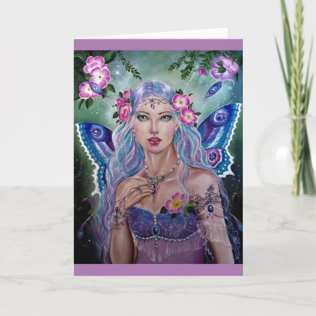 Fée bleu violet avec carte de voeux rose sauvage (Devant)
