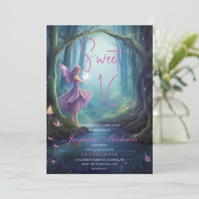 Fée de forêt enchantée Sweet 16 Invitations (Debout devant)