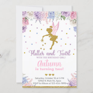 Fée fille invitation d'anniversaire, fleurs or n'i