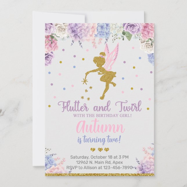 Fée fille invitation d'anniversaire, fleurs or n'i (Devant)
