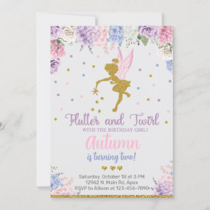Fée fille invitation d'anniversaire, fleurs or n'i