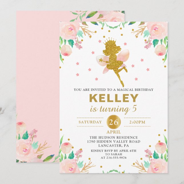 Fée Invitation Anniversaire Rose Floral Girl Party (Devant / Derrière)