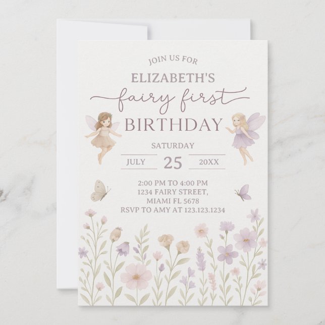 Fée modifiable Invitation de premier anniversaire (Devant)