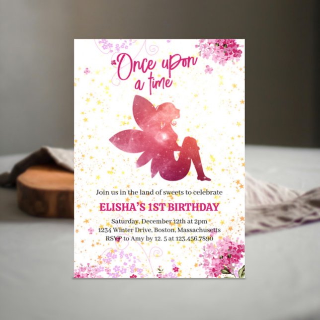 Fée rose Floral 1er anniversaire Invitation (Créateur téléchargé)