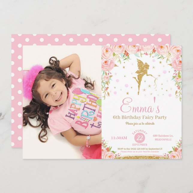 Fée rose florale 1er anniversaire Invitation de fê (Devant / Derrière)