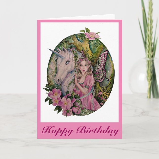 Fée rose sauvage avec carte de voeux unicorne (Devant)