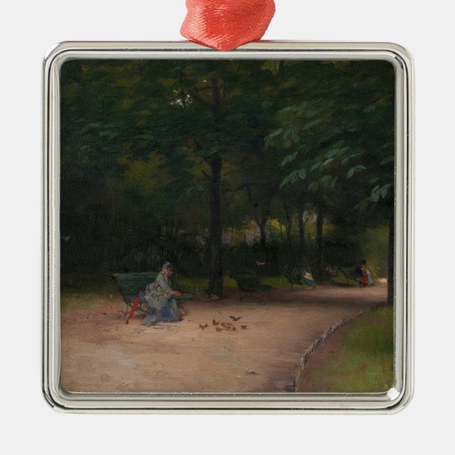 Feeding Birds in the Park (by Paul Peel) Metal Ornament (Front)