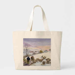 Feeding sheep in winter large tote bag