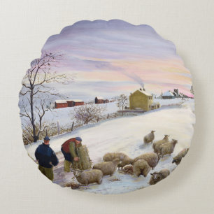Feeding sheep in winter round pillow