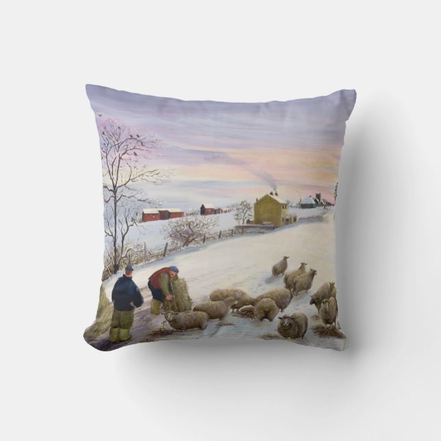 Feeding sheep in winter throw pillow (Front)