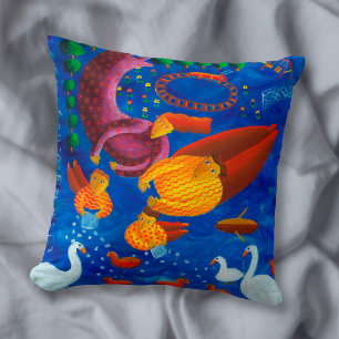Feeding The Ducks Contemporary Art Painting Throw Pillow