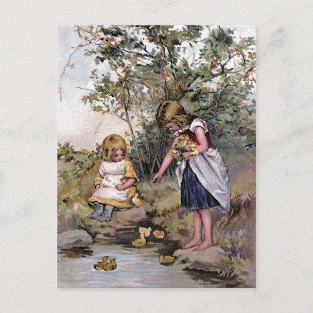 Feeding the Ducks Vintage Illustration Postcard (Front)