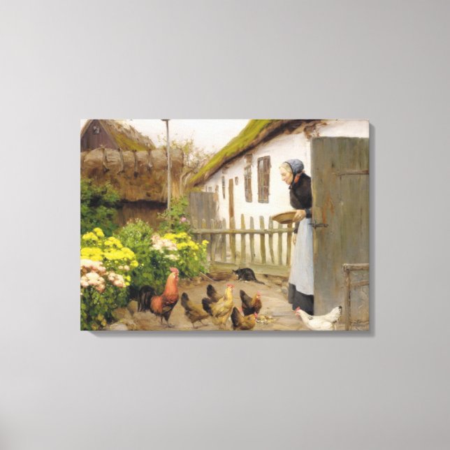 Feeding the Hens (by H.A. Brendekilde) Canvas Print (Front)