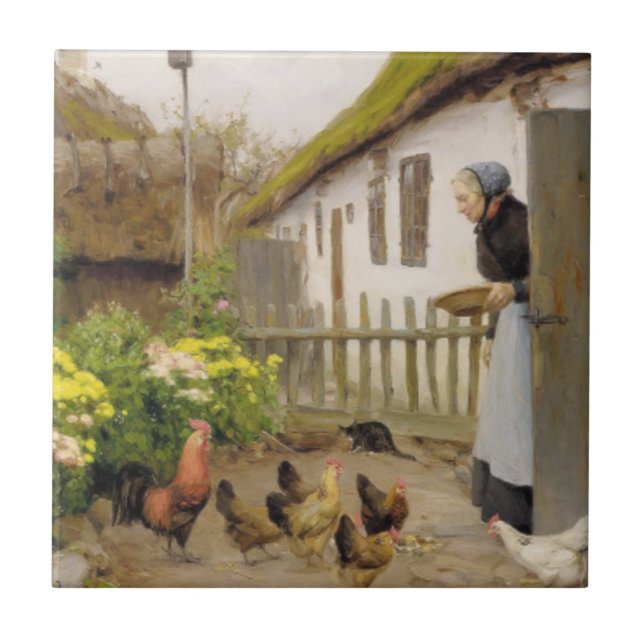 Feeding the Hens (by H.A. Brendekilde) Tile (Front)