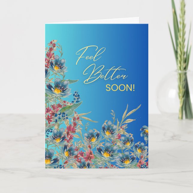 Feel Better Soon – Elegant Blue Watercolor Floral  Card (Front)