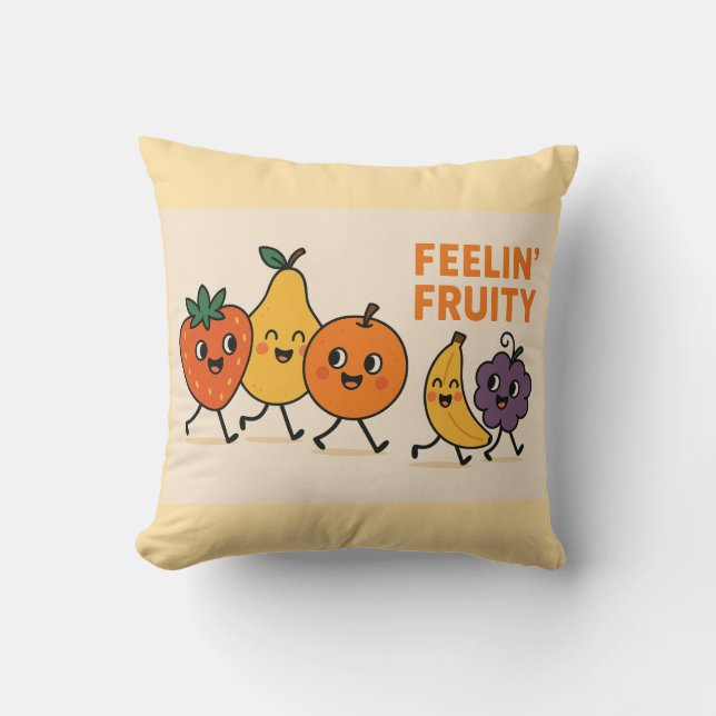  Feelin’ Fruity – Cute Walking Fruits Illustration Throw Pillow (Front)