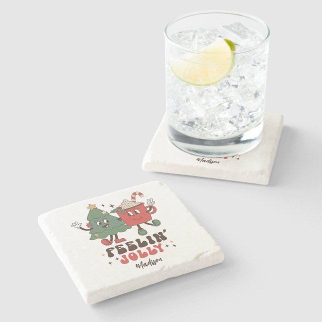 Feelin' Jolly Christmas Holidays Funny Retro Name Stone Coaster (Side)