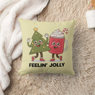 Feelin Jolly Christmas Tree Coffee Lover Winter Throw Pillow
