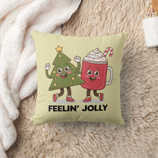 Feelin Jolly Christmas Tree Coffee Lover Winter Throw Pillow (Blanket)